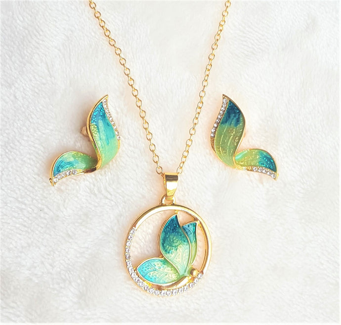 Hawaiian Pendant Necklace Earring Set Rhinestone Butterfly Jewelry Set Green/Teal Enamel Jewelry - Urban Flair USA