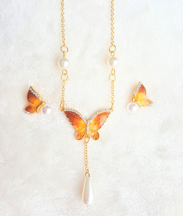 Hawaiian Pendant Necklace Earring Set Pearl Rhinestone Butterfly Jewelry Set Orange/Yellow Enamel Jewelry - Urban Flair USA