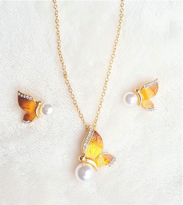 Hawaiian Pendant Necklace Earring Set Pearl Rhinestone Butterfly Jewelry Set Orange/Yellow Enamel Jewelry - Urban Flair USA