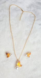 Hawaiian Pendant Necklace Earring Set Pearl Rhinestone Butterfly Jewelry Set Orange/Yellow Enamel Jewelry - Urban Flair USA