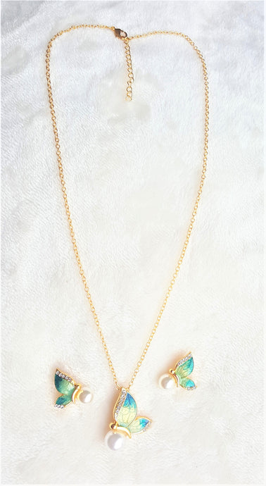 Hawaiian Pendant Necklace Earring Set Pearl Rhinestone Butterfly Jewelry Set Green/Teal Enamel Jewelry - Urban Flair USA