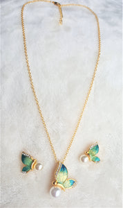 Hawaiian Pendant Necklace Earring Set Pearl Rhinestone Butterfly Jewelry Set Green/Teal Enamel Jewelry - Urban Flair USA