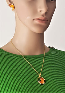 Hawaiian Pendant Necklace Earring Set Rhinestone Butterfly Jewelry Set Yellow/Orange Enamel Jewelry - Urban Flair USA