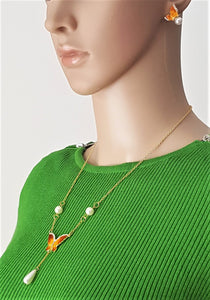 Hawaiian Pendant Necklace Earring Set Pearl Rhinestone Butterfly Jewelry Set Orange/Yellow Enamel Jewelry - Urban Flair USA