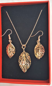 Pendant Necklace Earring Set Hollow Gold Carved Leaf Austria Crystal, Fashion Jewelry, Leaf Jewelry set - Urban Flair USA
