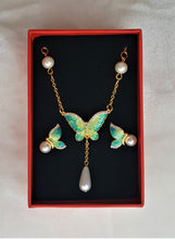Load image into Gallery viewer, Hawaiian Pendant Necklace Earring Set Pearl Rhinestone Butterfly Jewelry Set Green/Teal Enamel Jewelry - Urban Flair USA