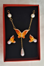 Load image into Gallery viewer, Hawaiian Pendant Necklace Earring Set Pearl Rhinestone Butterfly Jewelry Set Orange/Yellow Enamel Jewelry - Urban Flair USA
