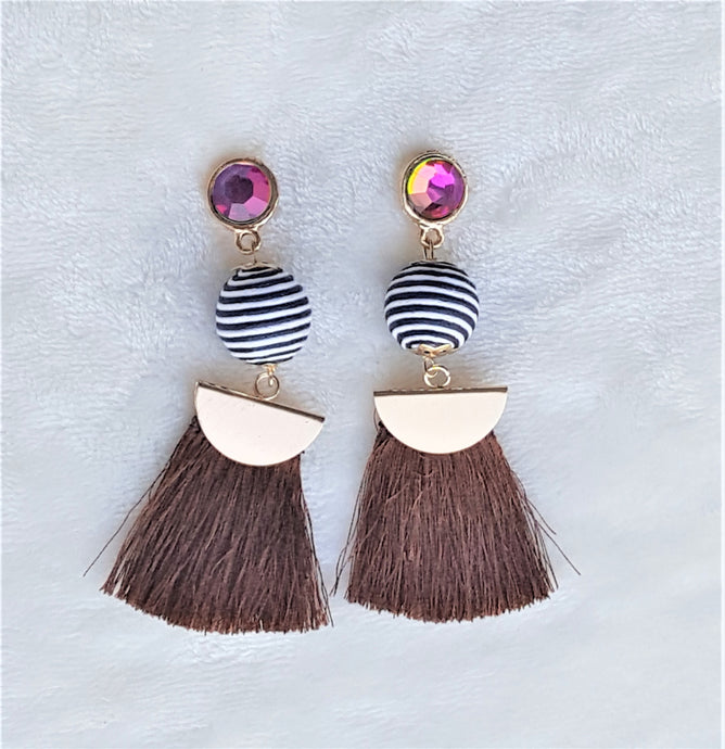 Thread Tassel Earrings Gold Rhinestone Crystal Stud Bon Bon Black White Threaded Brown Statement Earrings - Urban Flair USA