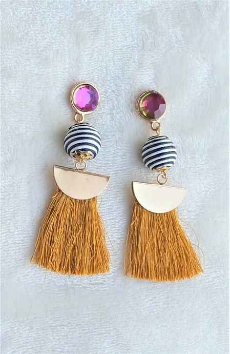 Thread Tassel Earrings Gold Rhinestone Crystal Stud Bon Bon Black White Threaded Mustard Yellow Statement Earrings - Urban Flair USA