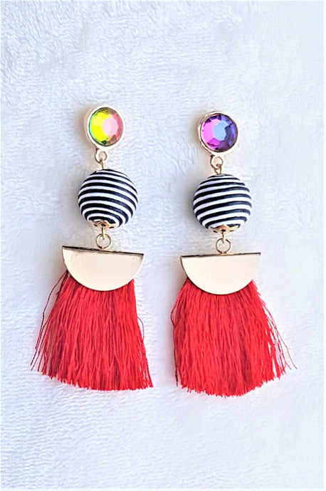 Thread Tassel Earrings Gold Rhinestone Crystal Stud Bon Bon Black White Threaded Red Long Statement Earrings - Urban Flair USA