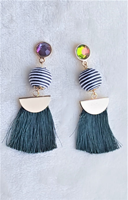 Thread Tassel Earrings Gold Rhinestone Crystal Stud Bon Bon Black White Threaded Green Statement Earrings - Urban Flair USA