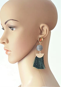 Thread Tassel Earrings Gold Rhinestone Crystal Stud Bon Bon Black White Threaded Green Statement Earrings - Urban Flair USA