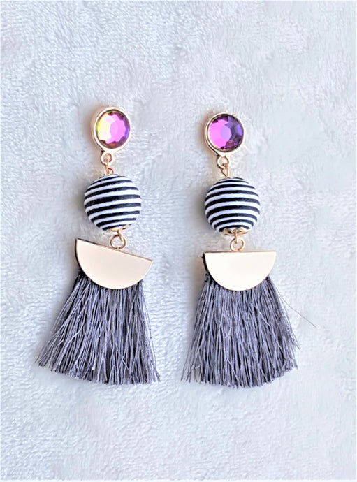Thread Tassel Earrings Gold Rhinestone Crystal Stud Bon Bon Black White Threaded Gray Statement Earrings - Urban Flair USA