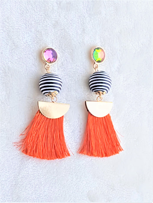 Thread Tassel Earrings Gold Rhinestone Crystal Stud Bon Bon Black White Threaded Orange Statement Earrings - Urban Flair USA