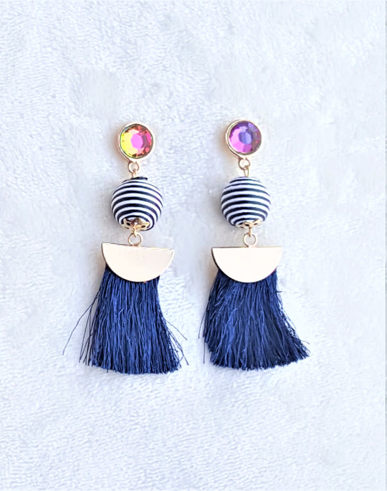 Thread Tassel Earrings Gold Rhinestone Crystal Stud Bon Bon Black White Threaded Navy Blue Long Statement Earrings - Urban Flair USA