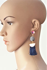 Thread Tassel Earrings Gold Rhinestone Crystal Stud Bon Bon Black White Threaded Navy Blue Long Statement Earrings - Urban Flair USA