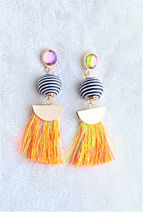 Thread Tassel Earrings Gold Rhinestone Crystal Stud Bon Bon Black White Threaded Yellow Multicolored Long Statement Earrings - Urban Flair USA