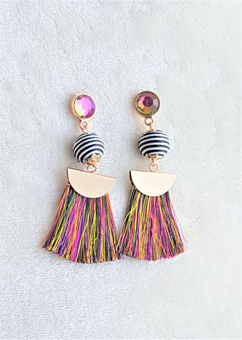 Thread Tassel Earrings Gold Rhinestone Crystal Stud Bon Bon Black White Threaded Multicolored Statement Earrings - Urban Flair USA