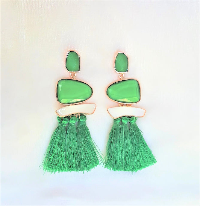 Thread Tassel Earrings Green Crystal Boho Dangle Earring, Statement Earrings. Bohemian Jewelry - Urban Flair USA