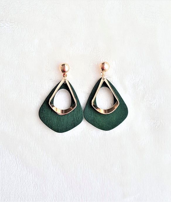 Fashion Earrings Wood Vintage Style Plywood Green Gold - Urban Flair USA