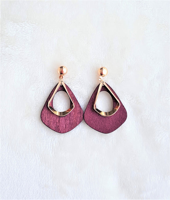 Fashion Earrings Wood Vintage Style Plywood Burgundy Gold - Urban Flair USA