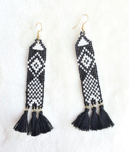 Earrings Black White Woven Beads with Black thread Tassels, Statement Earrings - Urban Flair USA