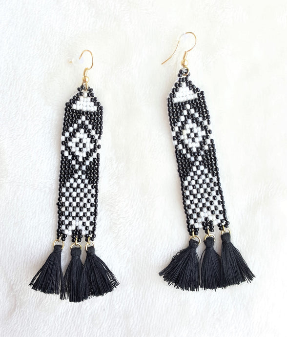 Earrings Black White Woven Beads with Black thread Tassels, Statement Earrings - Urban Flair USA