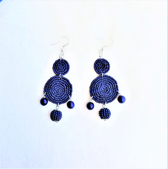 Beaded Drop Earrings Navy Blue, Seed Beaded Disc Drop Earrings, Statement Earrings - Urban Flair USA