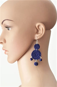 Beaded Drop Earrings Navy Blue, Seed Beaded Disc Drop Earrings, Statement Earrings - Urban Flair USA