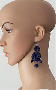 Beaded Drop Earrings Navy Blue, Seed Beaded Disc Drop Earrings, Statement Earrings - Urban Flair USA