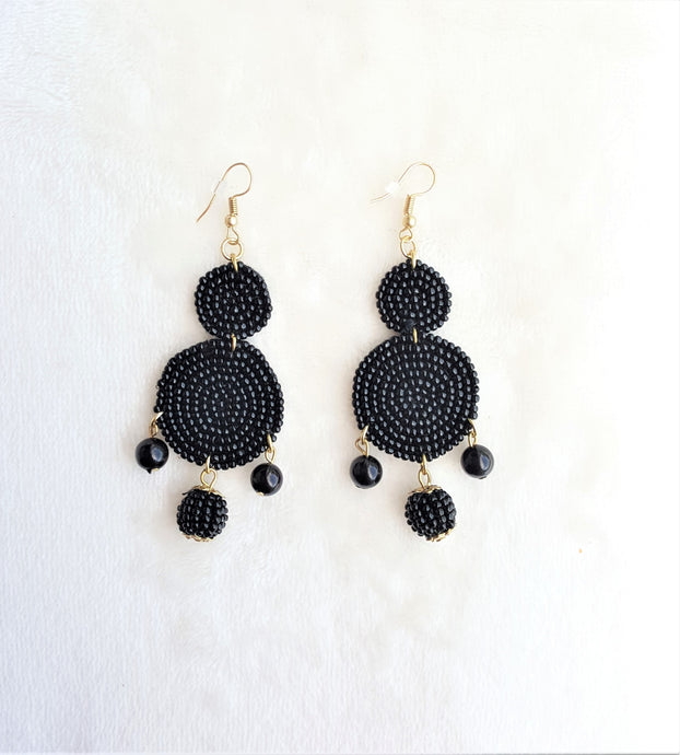 Beaded Drop Earrings Black, Seed Beaded Disc Drop Earrings, Statement Earrings - Urban Flair USA