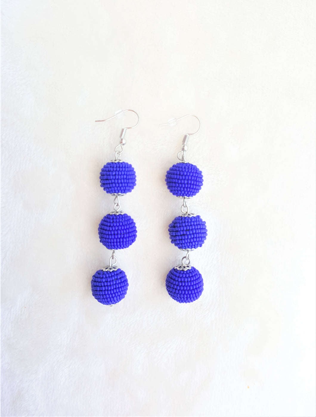 Royal Blue Beaded Ball Drop Triple Tier Drop Earring, Boho Chic Designer, Beach Jewelry, Statement Earring, Gift for Her - Urban Flair USA