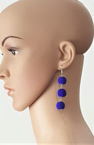 Royal Blue Beaded Ball Drop Triple Tier Drop Earring, Boho Chic Designer, Beach Jewelry, Statement Earring, Gift for Her - Urban Flair USA