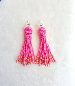 Beaded Tassel Pink Earrings Gold Fish Hook, Boho Chic Jewelry Earrings, Statement Earring, Gift for Her - Urban Flair USA
