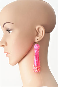 Beaded Tassel Pink Earrings Gold Fish Hook, Boho Chic Jewelry Earrings, Statement Earring, Gift for Her - Urban Flair USA