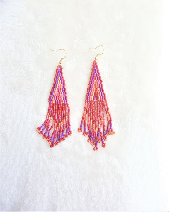 Earrings Woven Bead Fringe, Red Purple Orange Pink Beaded Statement Earrings - Urban Flair USA