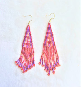 Earrings Woven Bead Fringe, Red Purple Orange Pink Beaded Statement Earrings - Urban Flair USA