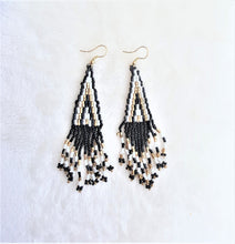 Load image into Gallery viewer, Earrings Woven Bead Fringe, Black White Gold Statement Earrings, Gift for her - Urban Flair USA