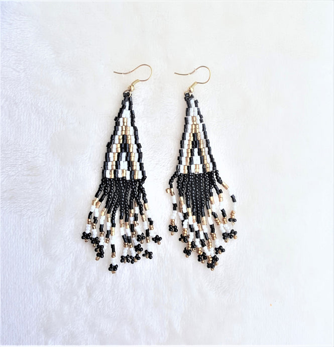 Earrings Woven Bead Fringe, Black White Gold Statement Earrings, Gift for her - Urban Flair USA