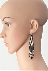 Earrings Woven Bead Fringe, Black White Gold Statement Earrings, Gift for her - Urban Flair USA