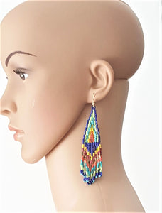 Multicolored Earrings Woven Bead Fringe, Statement Earrings, Beach Earrings, Gift for her - Urban Flair USA