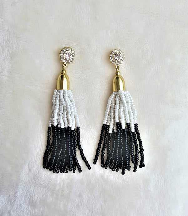 Beaded Tassel Earrings Crystal Rhinestone Stud Black White Gold, Boho Chic Designer Jewelry, Statement Earring,Gift for Her by UrbanFlair - Urban Flair USA