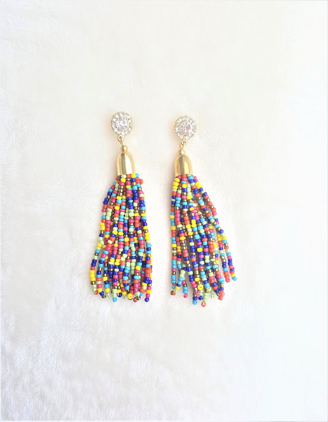 Beaded Tassel Earrings Crystal Rhinestone Stud Multicolored Gold, Boho Chic Designer Jewelry, Statement Earring,Gift for Her by UrbanFlair - Urban Flair USA