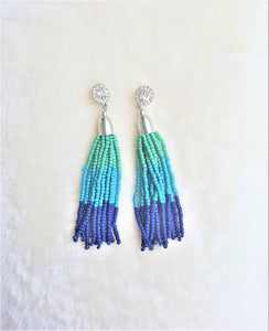 Beaded Tassel Earrings Crystal Rhinestone Stud Green Blue Silver, Boho Chic Designer Jewelry, Statement Earring,Gift for Her by UrbanFlair - Urban Flair USA