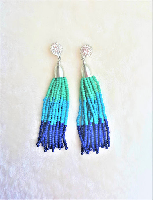 Beaded Tassel Earrings Crystal Rhinestone Stud Green Blue Silver, Boho Chic Designer Jewelry, Statement Earring,Gift for Her by UrbanFlair - Urban Flair USA