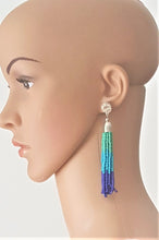 Load image into Gallery viewer, Beaded Tassel Earrings Crystal Rhinestone Stud Green Blue Silver, Boho Chic Designer Jewelry, Statement Earring,Gift for Her by UrbanFlair - Urban Flair USA