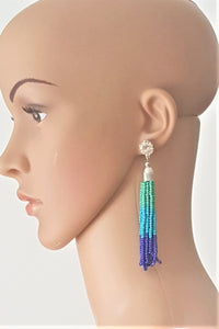 Beaded Tassel Earrings Crystal Rhinestone Stud Green Blue Silver, Boho Chic Designer Jewelry, Statement Earring,Gift for Her by UrbanFlair - Urban Flair USA