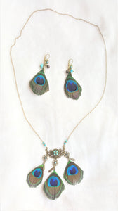 Peacock Feather Long Chain Necklace Earrings Set, Peacock Feather Jewelry Set - Urban Flair USA