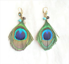 Load image into Gallery viewer, Peacock Feather Earrings Turquoise stone Wooden bead Antique Gold Charm Earring, Peacock Jewelry - Urban Flair USA