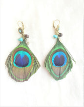 Load image into Gallery viewer, Peacock Feather Earrings Turquoise stone Wooden bead Antique Gold Charm Earring, Peacock Jewelry - Urban Flair USA